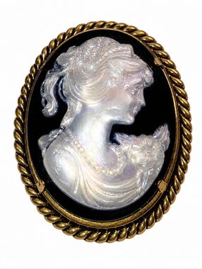 Vintage-Inspired Cameo Brooch – Iridescent Resin Gold Tone Frame